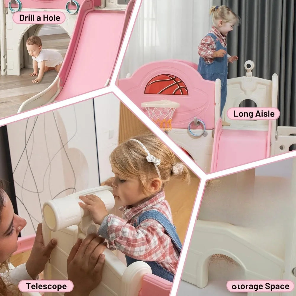 9 in 1 Toddler Slide, Bus-Themed Kids Slide and Climber Playset with Basketball Hoop, Ring-Toss, Car Playhouse