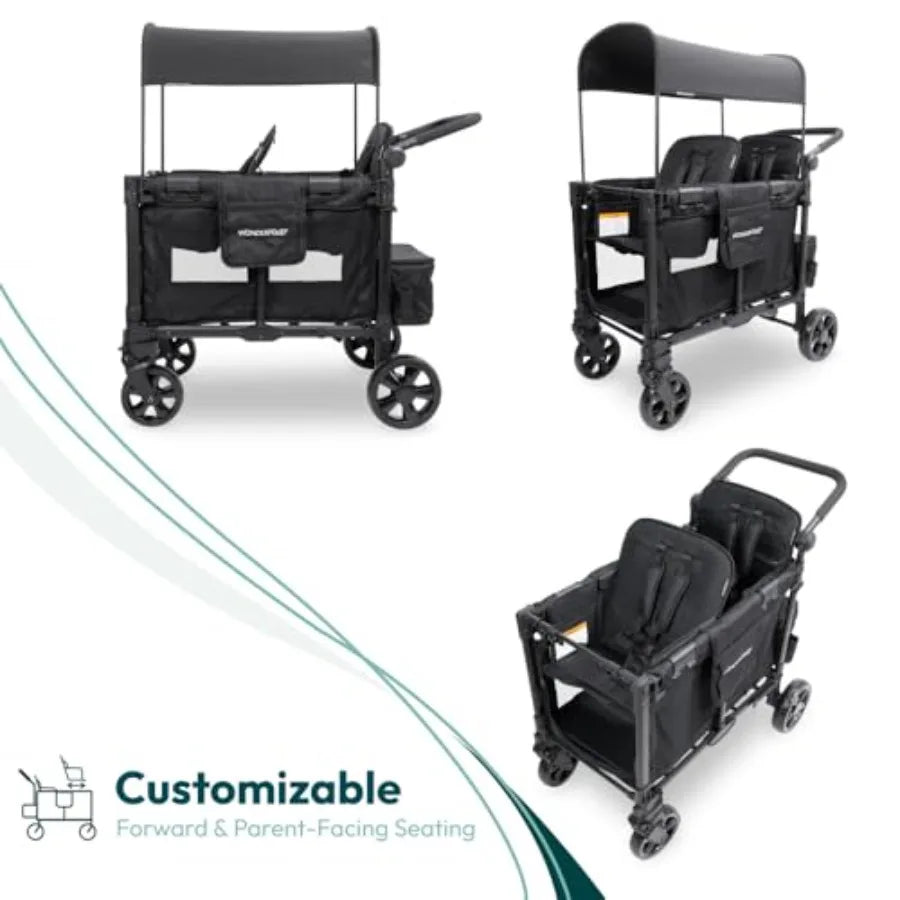 Foldable Wagon with Aluminum Frame - Adjustable Canopy Push Handle - All-Terrain Wheel