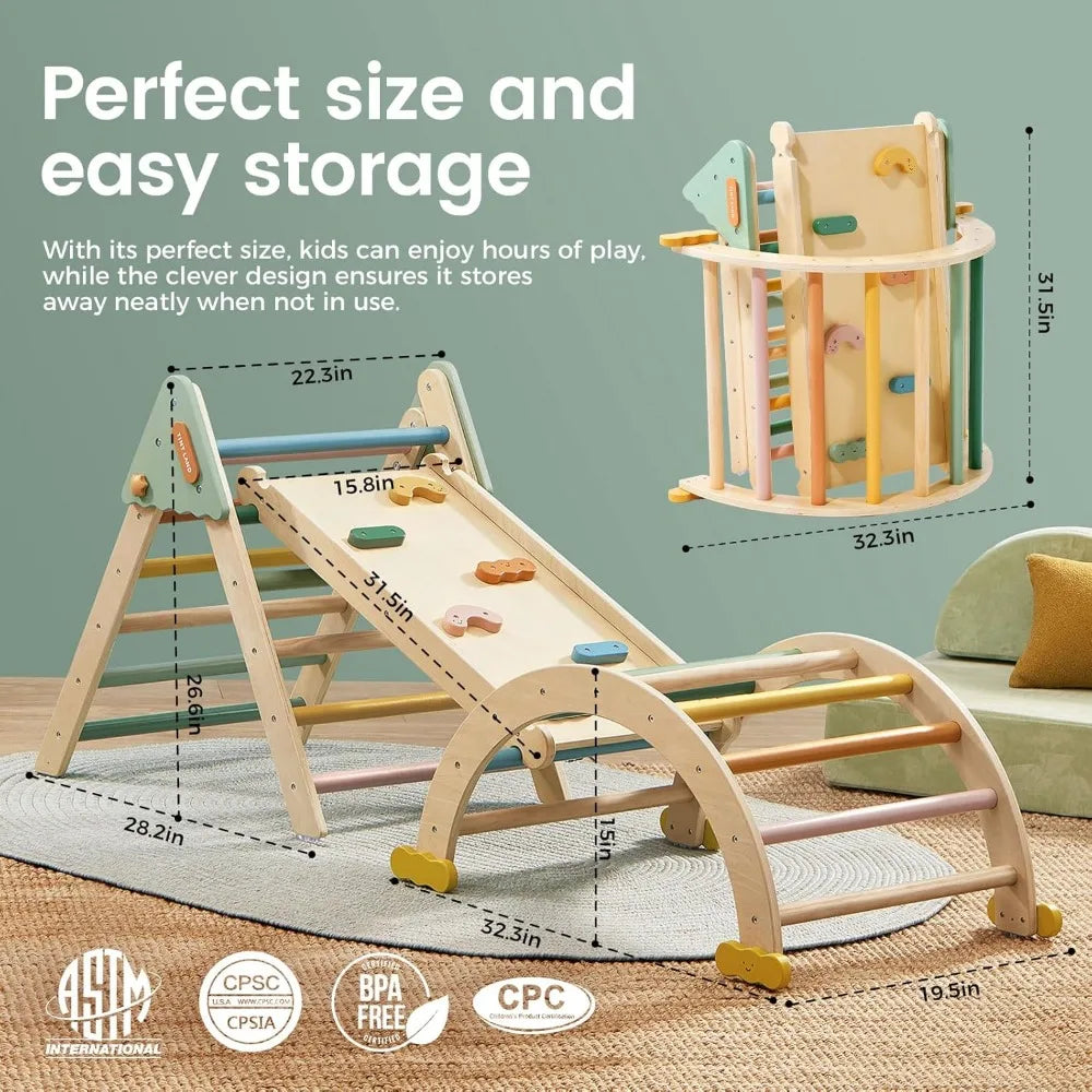 7-in-1 Foldable Pikler Triangle Set, Montessori Toddler Climbing Toys Indoor, Wooden Playground Jungle Gym for Kids, Climber Gift for Boys & Girls
