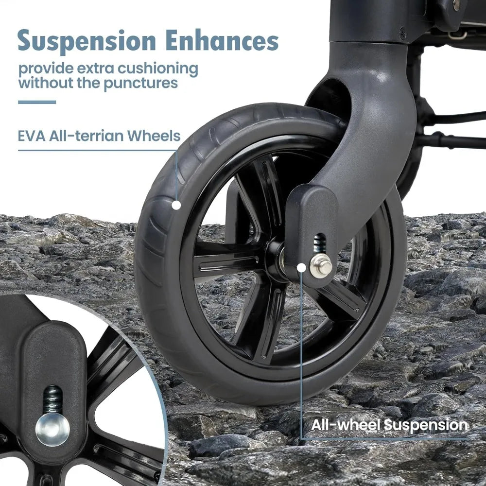 Double Wagon Stroller for 2 Kids, Foldable All-Terrain, High Seat, 5-Point Harness, Canopy, Black