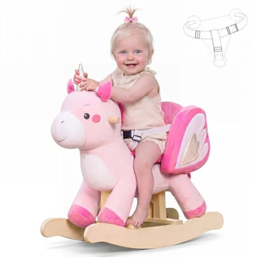 Baby Rocking Horse ride-on toy for 6M-3Y, plush unicorn design in pink, soft fabric, gentle rocking motion, safe padded seat