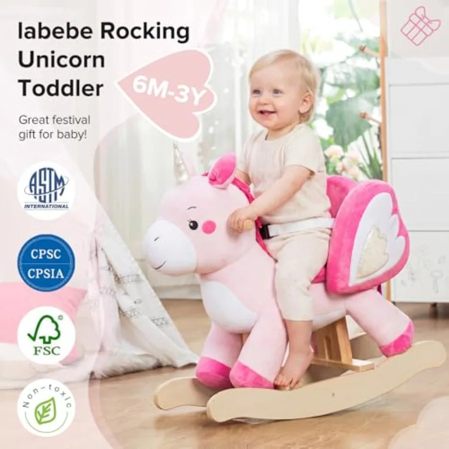 Baby Rocking Horse ride-on toy for 6M-3Y, plush unicorn design in pink, soft fabric, gentle rocking motion, safe padded seat