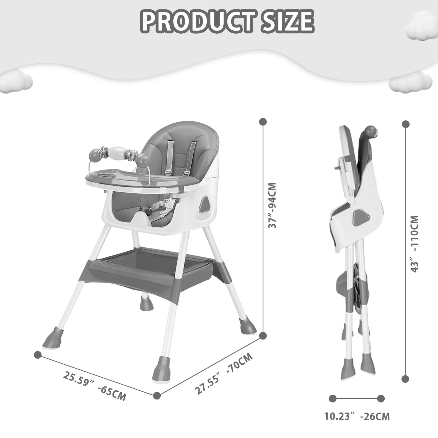 Foldable Baby High Chair 6 Months Plus, with Large Anti-slip Pad & Toy Rack, Easy to Clean Feeding