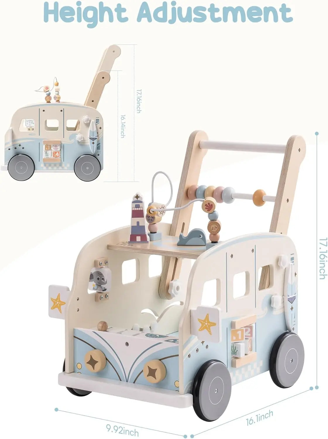 Wooden Baby Walker Baby Push Along Activity Walkers with Wheels Multifunctional Baby Walker Gift for Boy Girls