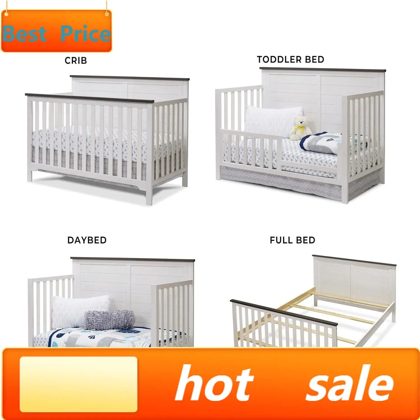 hot-selling Furniture Farmhouse 3-Piece Nursery Set with 4-in-1 Convertible Crib, 4-Drawer Dresser, and Changing Table with Shelves