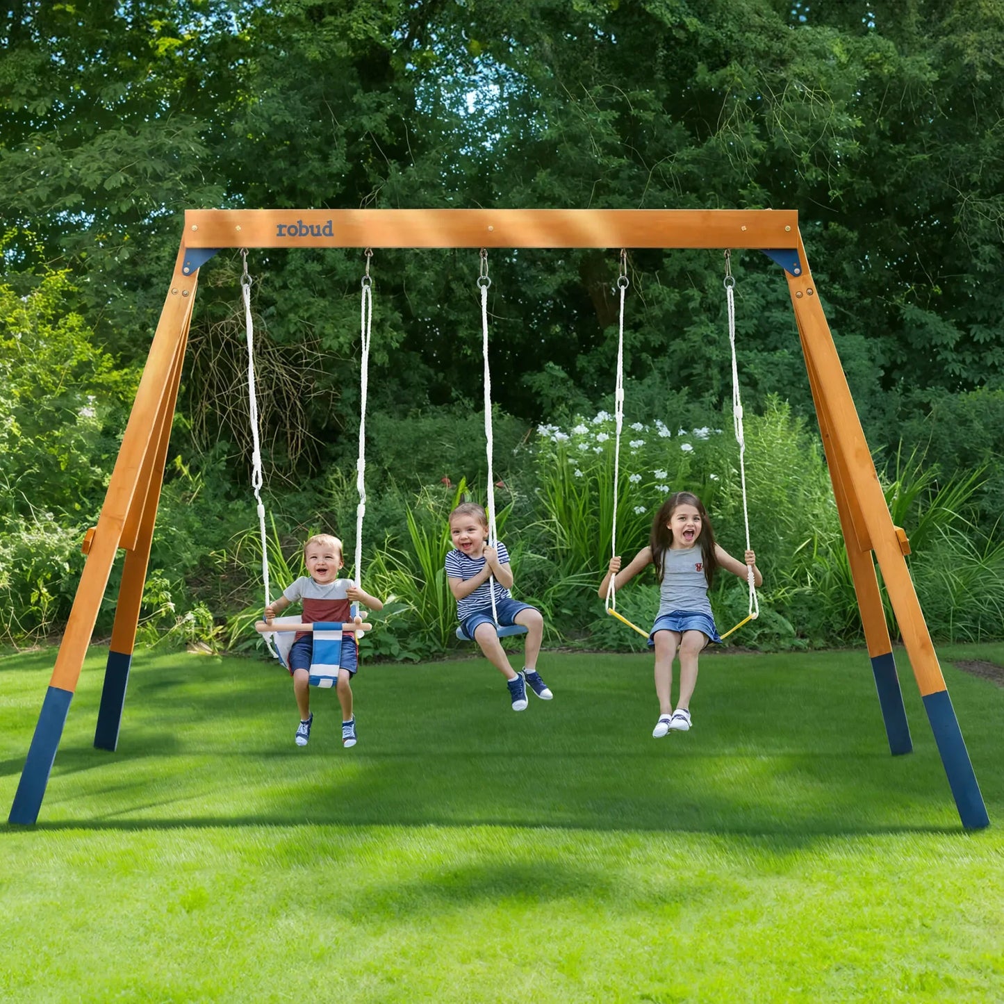 Robotime Robud 3-in-1 Playground Wooden Swing Sets for Backyard DIY Swing Sets with Tree Swing and 2 Toddler Swings