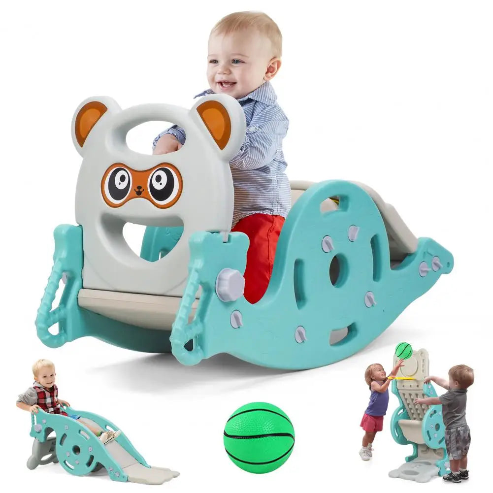 Portable Combination Slide for Children 4-in-1 Kids Slide Rocking Toy Rocking Horse with Basketball Hoop for Age 1-6 Boys Girls