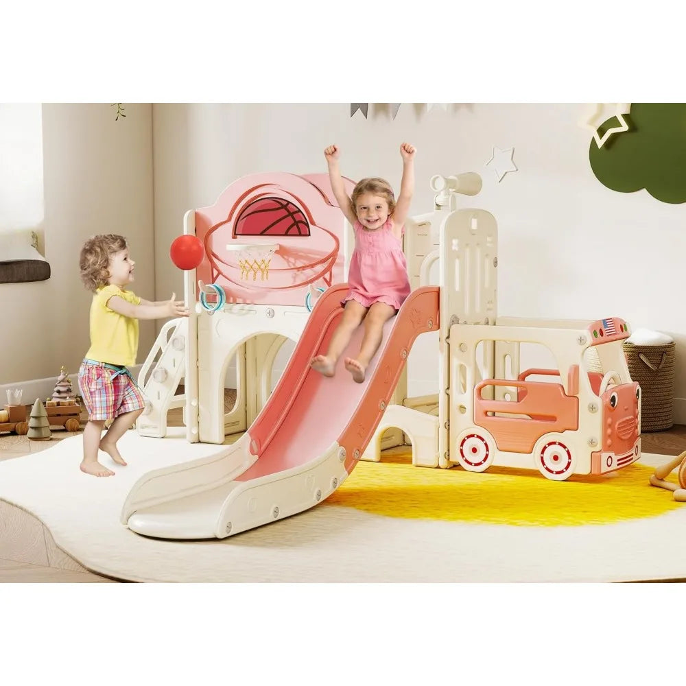 9 in 1 Toddler Slide, Bus-Themed Kids Slide and Climber Playset with Basketball Hoop, Ring-Toss, Car Playhouse