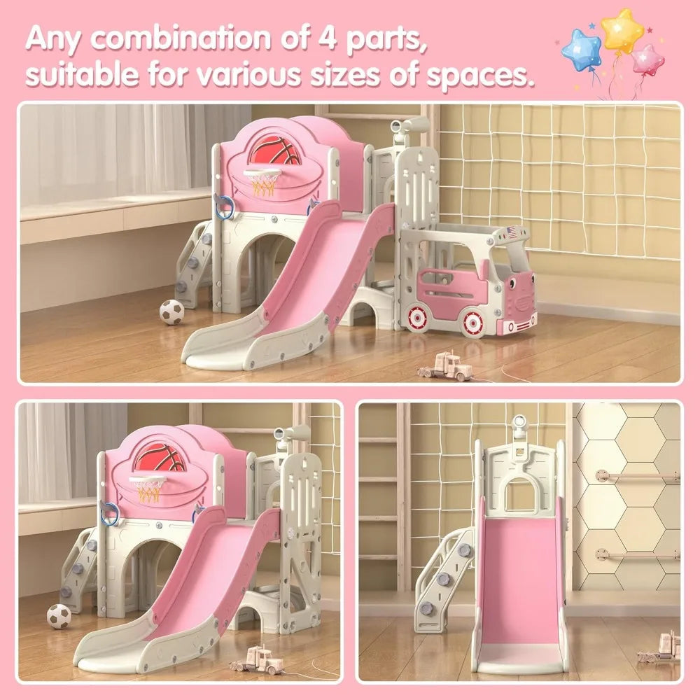 9 in 1 Toddler Slide, Bus-Themed Kids Slide and Climber Playset with Basketball Hoop, Ring-Toss, Car Playhouse