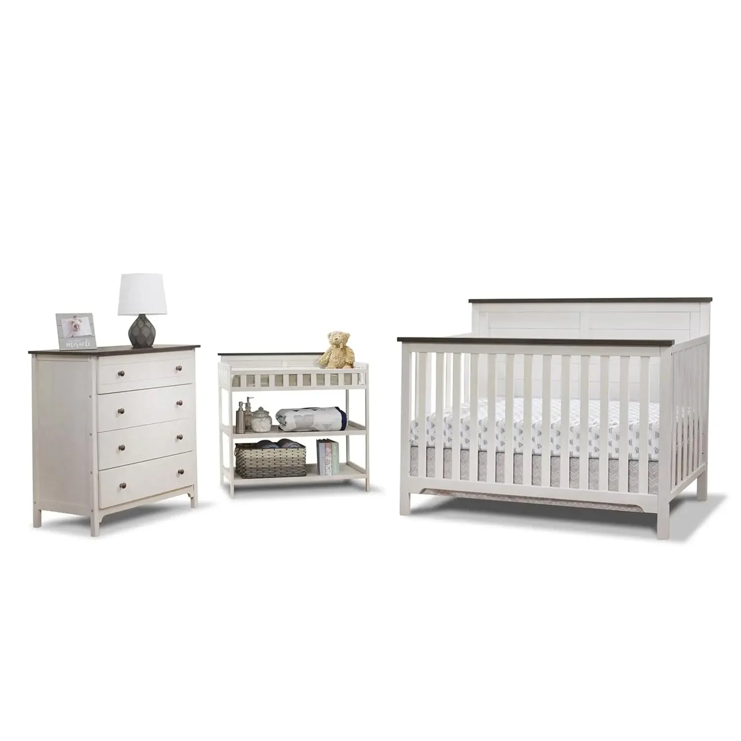 hot-selling Furniture Farmhouse 3-Piece Nursery Set with 4-in-1 Convertible Crib, 4-Drawer Dresser, and Changing Table with Shelves