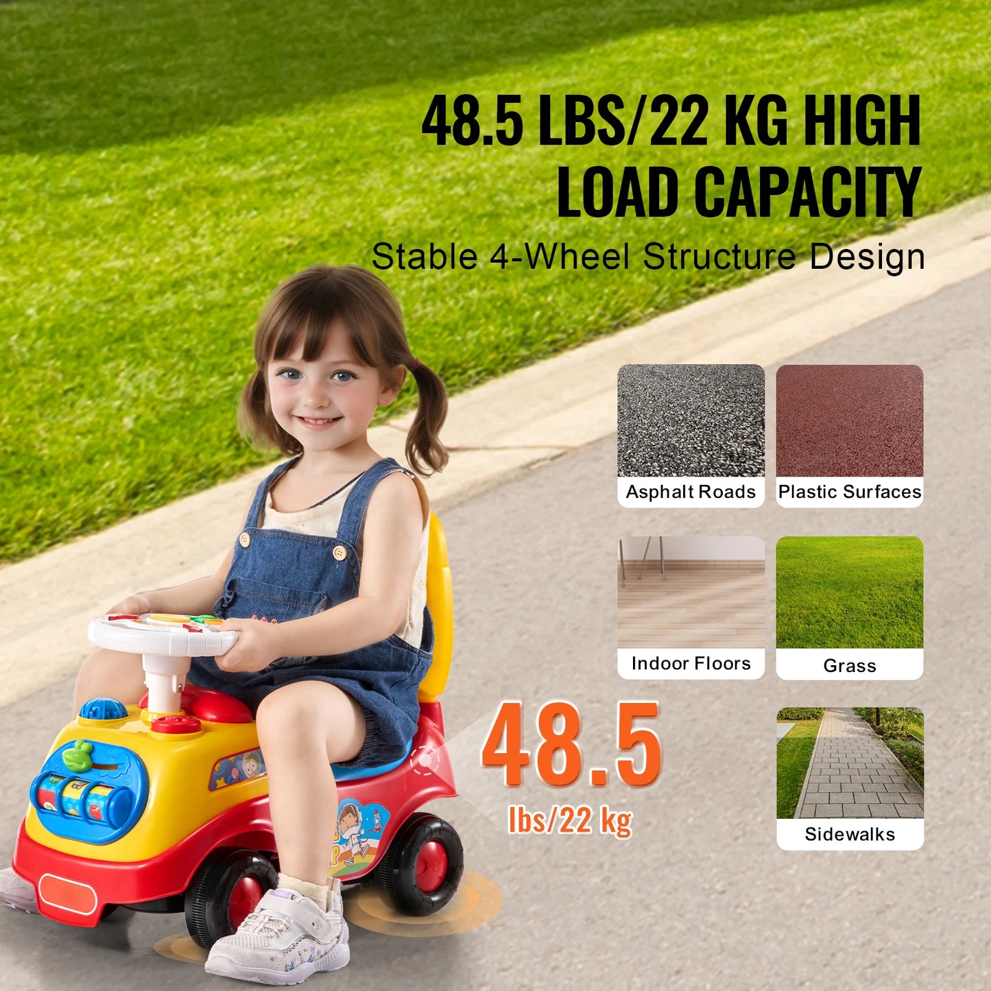 Toddler Ride On Push Car Sit to Stand Kids Ride On Toy Car with Music Steering Wheel Seat Storage