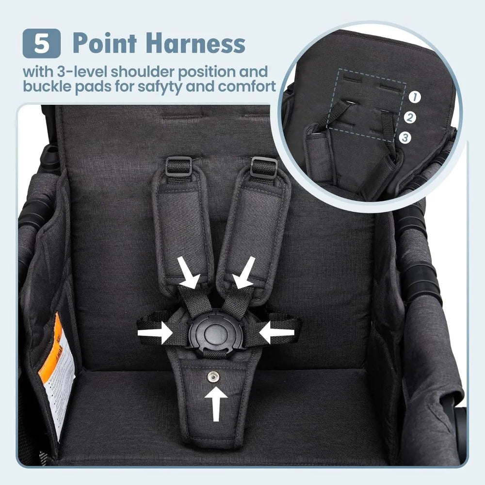 Double Wagon Stroller for 2 Kids, Foldable All-Terrain, High Seat, 5-Point Harness, Canopy, Black
