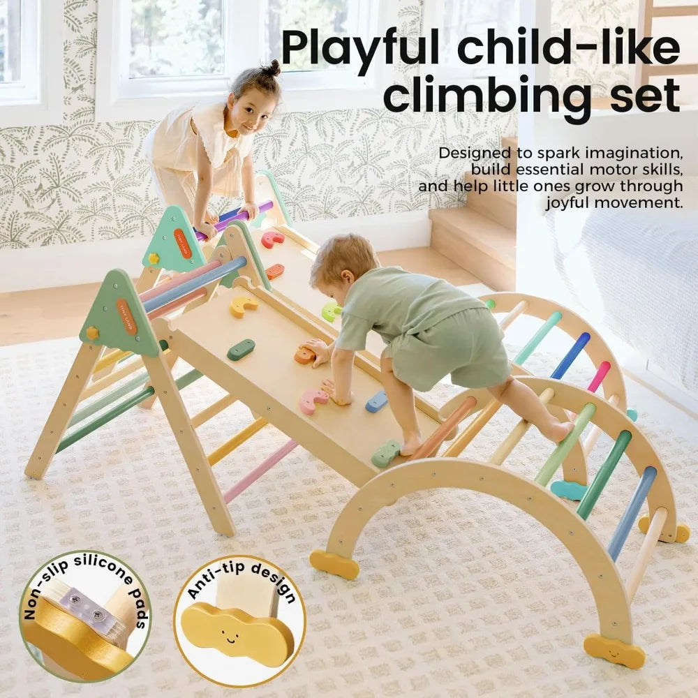 7-in-1 Foldable Pikler Triangle Set, Montessori Toddler Climbing Toys Indoor, Wooden Playground Jungle Gym for Kids, Climber Gift for Boys & Girls