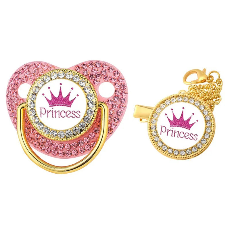 Bling Crown Pacifier with Pacifiers Chain Clip BPA Free Silicone Infant Nipple Dummy Soother New born Baby Boys Girls Gift 0-24M