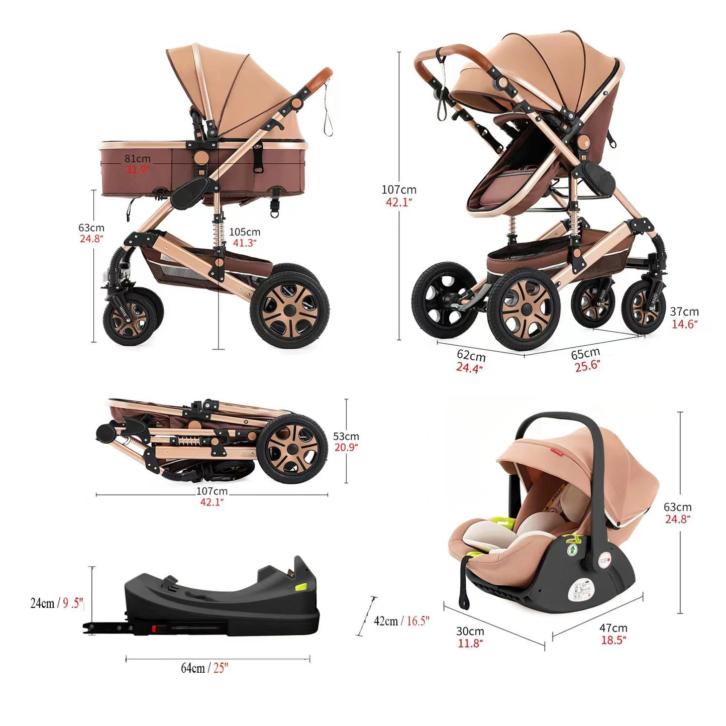 Baby Stroller and Car Seat,Baby Travel System with Isofix Base,Baby Carriage Up to 55lbs, 3in1 Reversible Foldable Standard Stroller