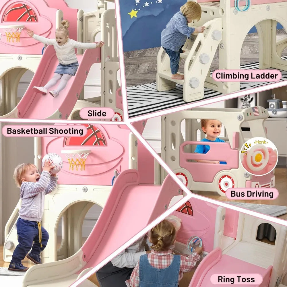 9 in 1 Toddler Slide, Bus-Themed Kids Slide and Climber Playset with Basketball Hoop, Ring-Toss, Car Playhouse