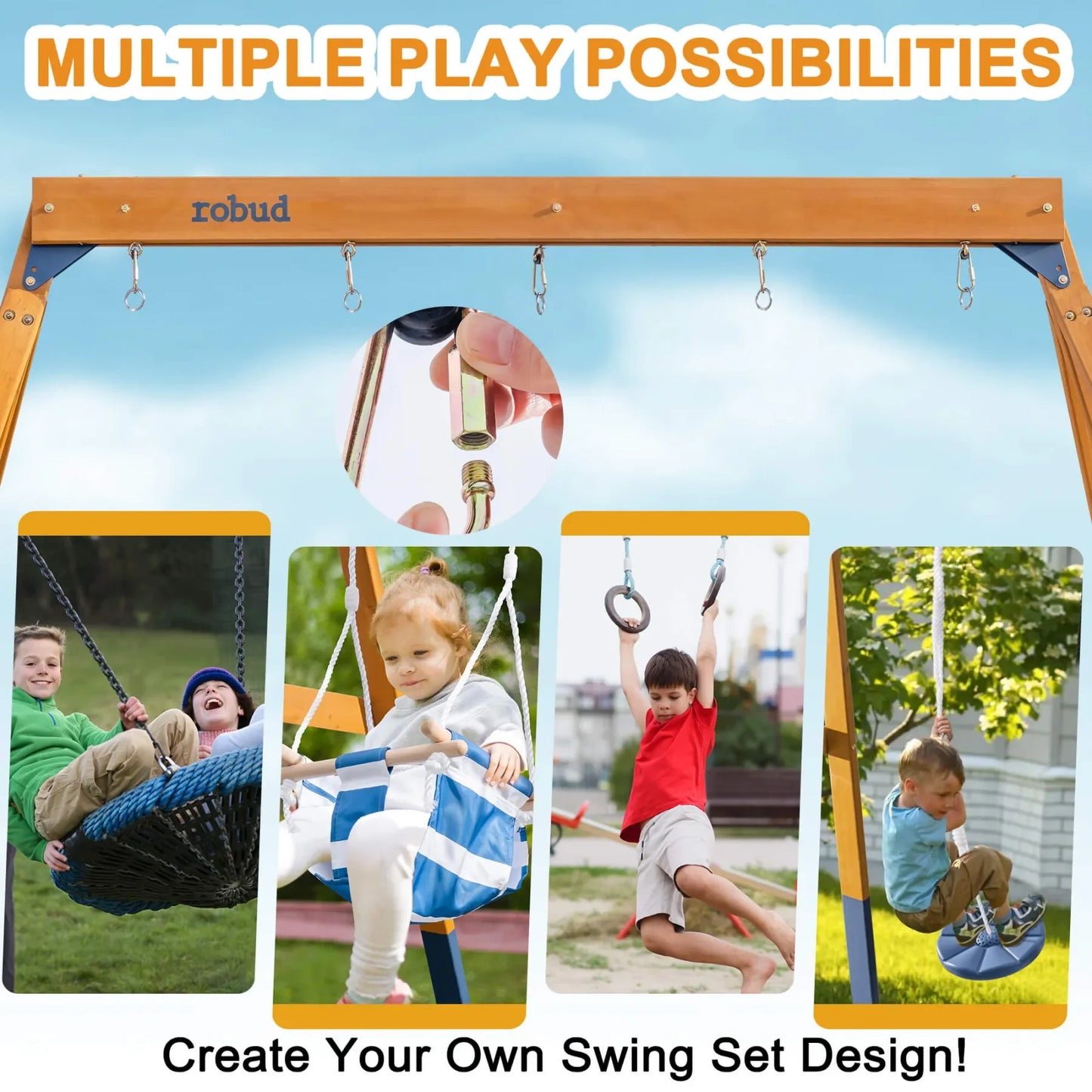 Robotime Robud 3-in-1 Playground Wooden Swing Sets for Backyard DIY Swing Sets with Tree Swing and 2 Toddler Swings