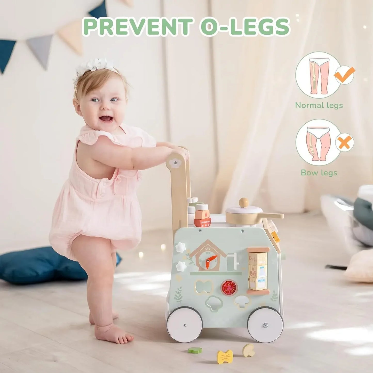 Robud Adjustable Height Speed Wooden Baby Walker Push Toy to Prevent O-Shaped Legs Montessori Baby Walking Toy for Girls Boys