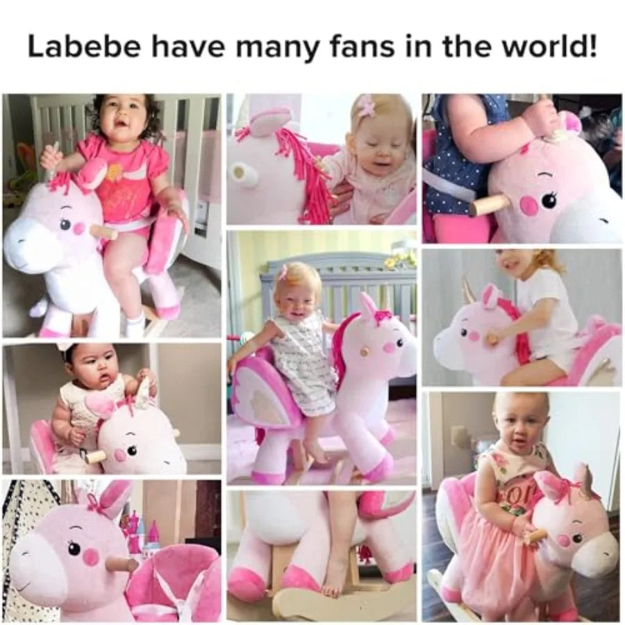 Baby Rocking Horse ride-on toy for 6M-3Y, plush unicorn design in pink, soft fabric, gentle rocking motion, safe padded seat