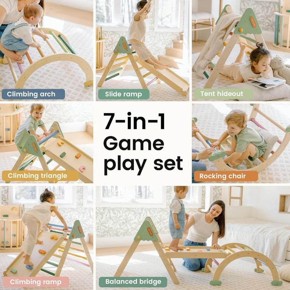 7-in-1 Foldable Pikler Triangle Set, Montessori Toddler Climbing Toys Indoor, Wooden Playground Jungle Gym for Kids, Climber Gift for Boys & Girls