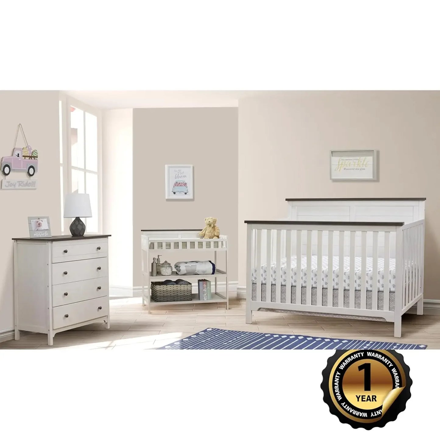 hot-selling Furniture Farmhouse 3-Piece Nursery Set with 4-in-1 Convertible Crib, 4-Drawer Dresser, and Changing Table with Shelves