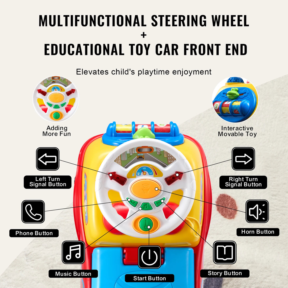 Toddler Ride On Push Car Sit to Stand Kids Ride On Toy Car with Music Steering Wheel Seat Storage for Toddlers