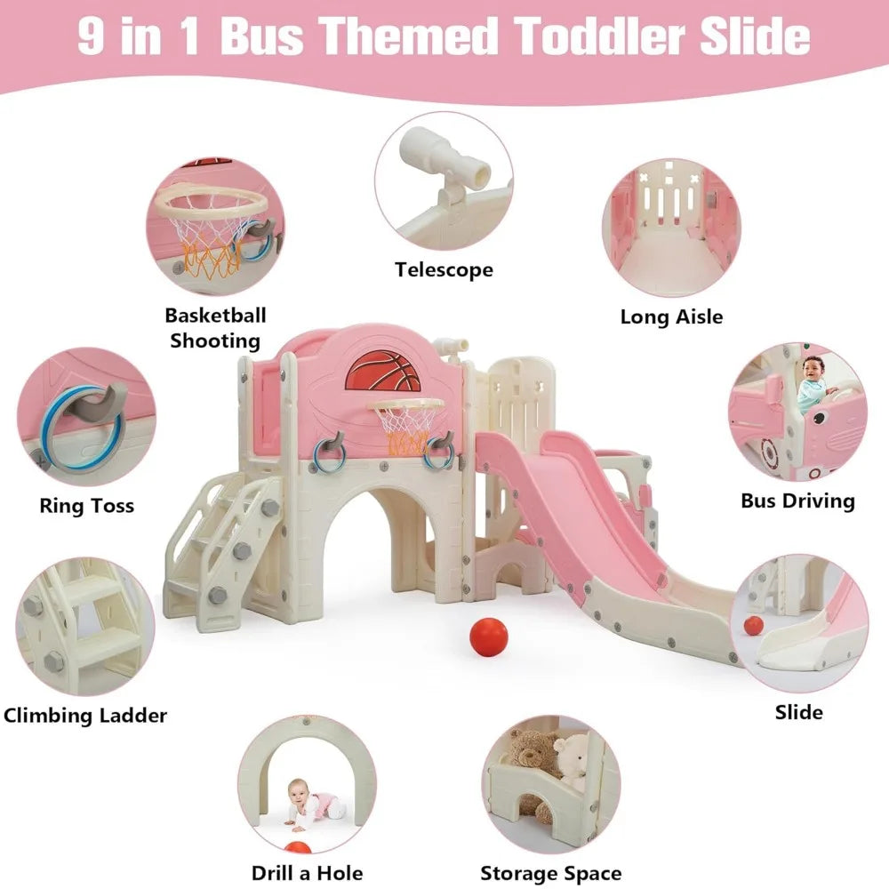9 in 1 Toddler Slide, Bus-Themed Kids Slide and Climber Playset with Basketball Hoop, Ring-Toss, Car Playhouse