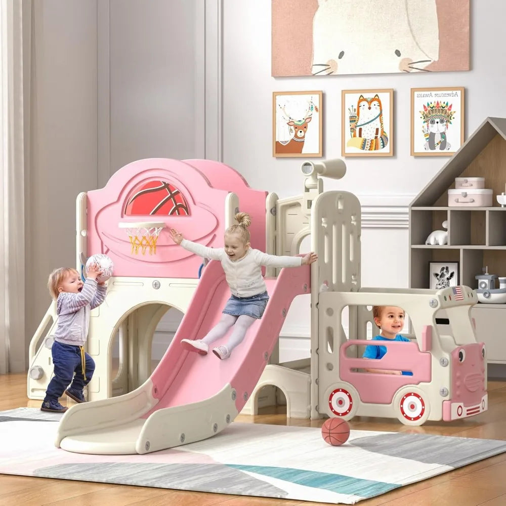 9 in 1 Toddler Slide, Bus-Themed Kids Slide and Climber Playset with Basketball Hoop, Ring-Toss, Car Playhouse
