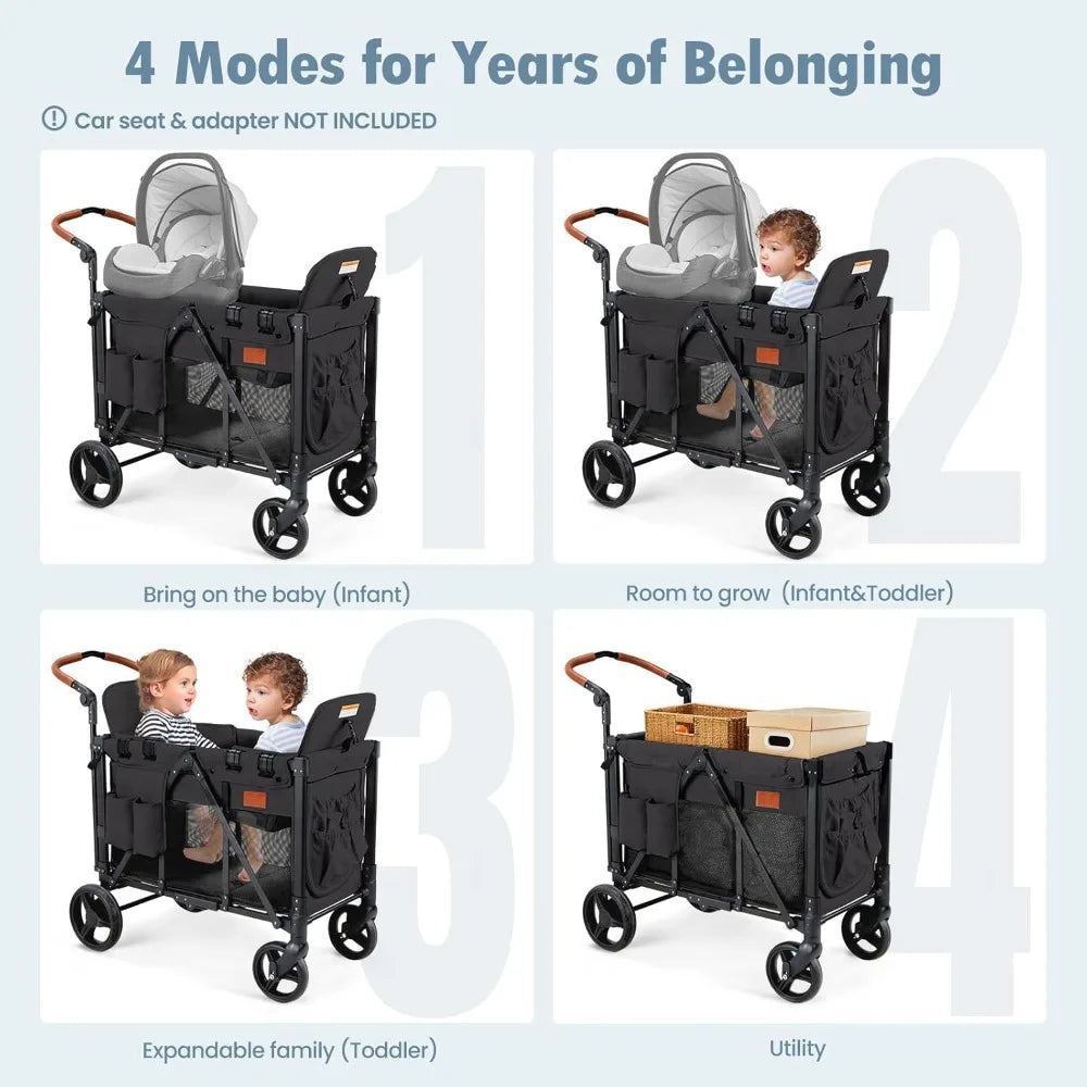 Double Wagon Stroller for 2 Kids, Foldable All-Terrain, High Seat, 5-Point Harness, Canopy, Black