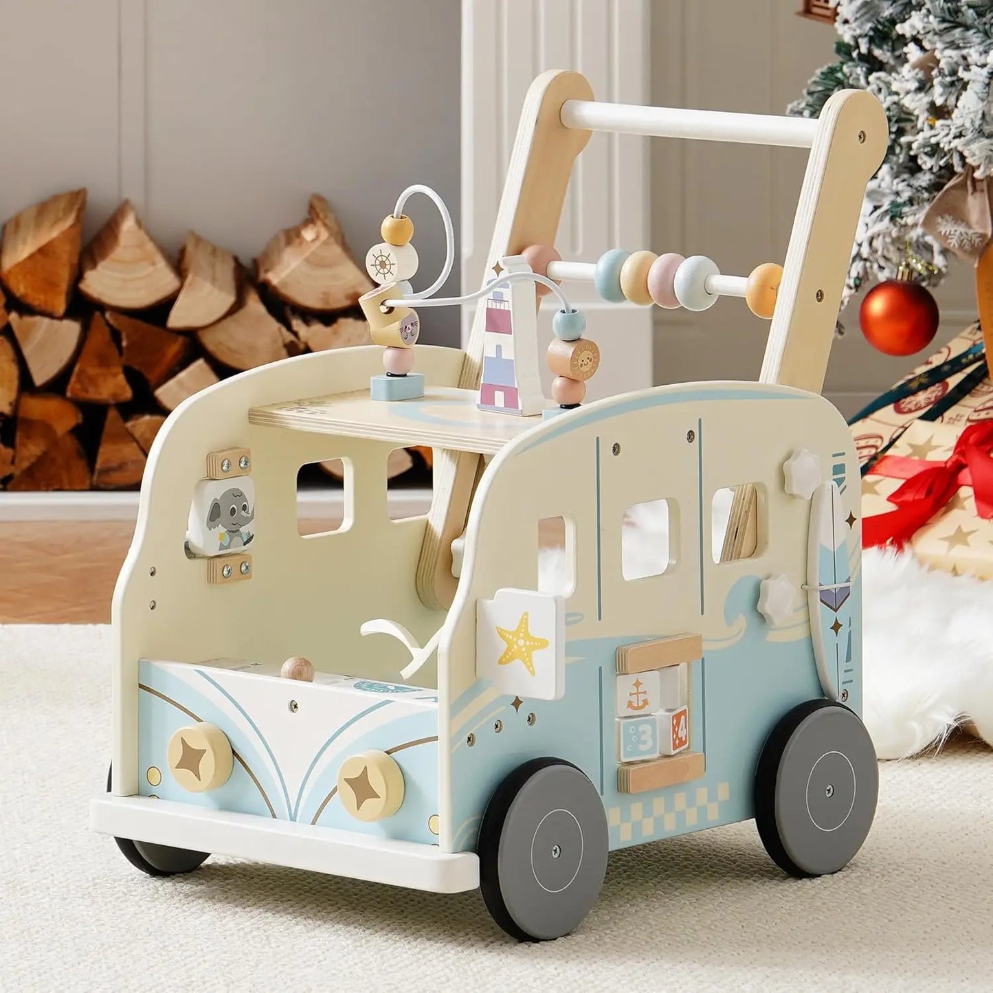 Wooden Baby Walker Baby Push Along Activity Walkers with Wheels Multifunctional Baby Walker Gift for Boy Girls