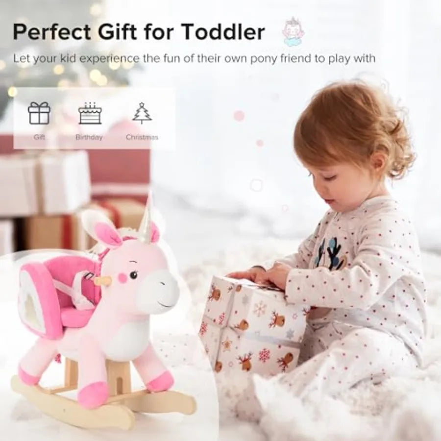 Baby Rocking Horse ride-on toy for 6M-3Y, plush unicorn design in pink, soft fabric, gentle rocking motion, safe padded seat