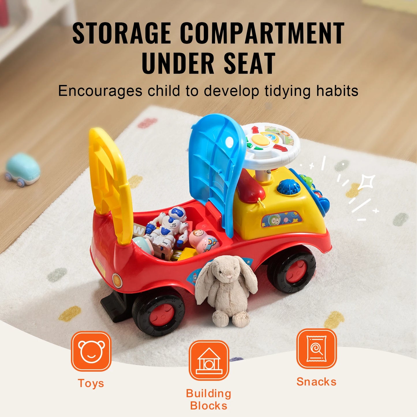 Toddler Ride On Push Car Sit to Stand Kids Ride On Toy Car with Music Steering Wheel Seat Storage