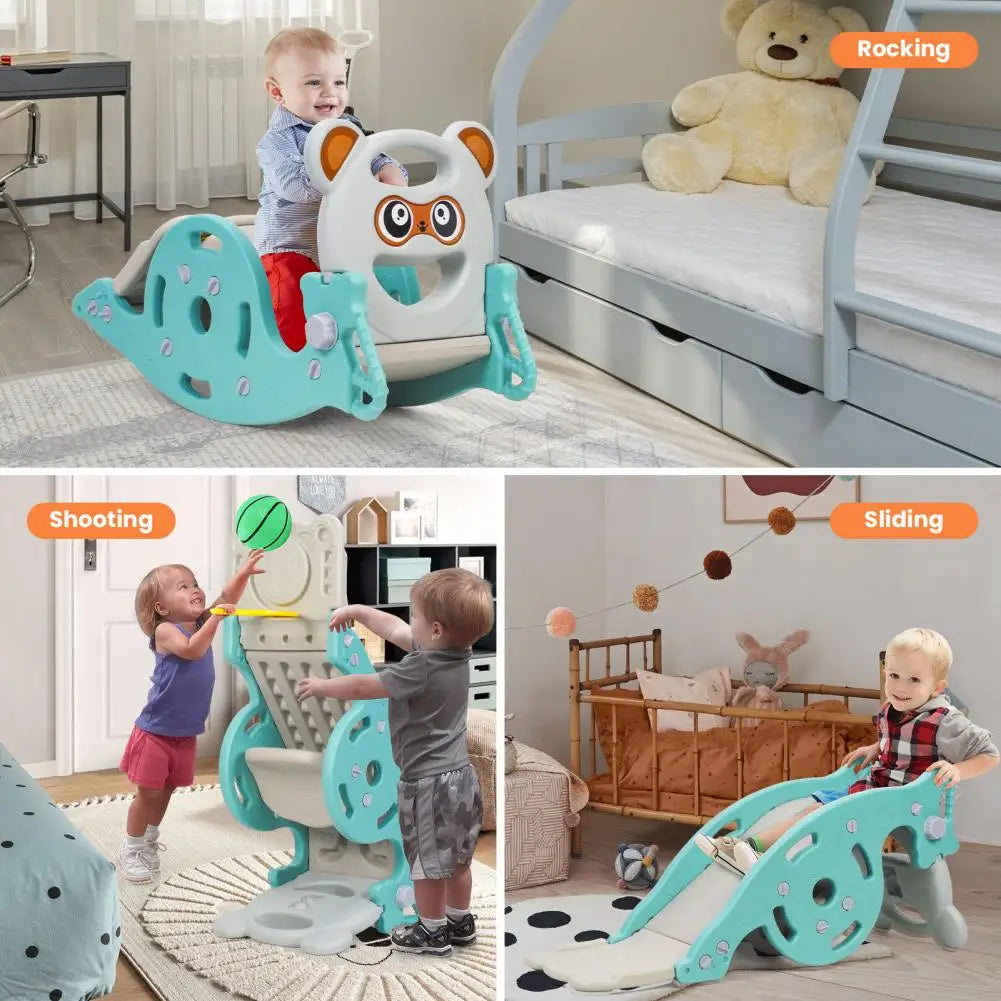 Portable Combination Slide for Children 4-in-1 Kids Slide Rocking Toy Rocking Horse with Basketball Hoop for Age 1-6 Boys Girls