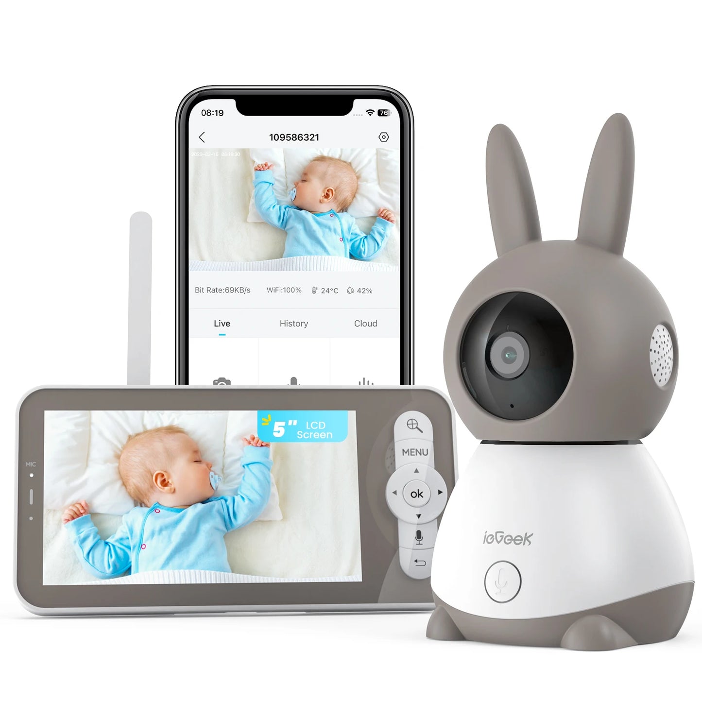5" 2K/3MP Baby Surveillance Camera, 360° PTZ Baby Monitor with Camera and Dual Screen Preview, Motion Detection