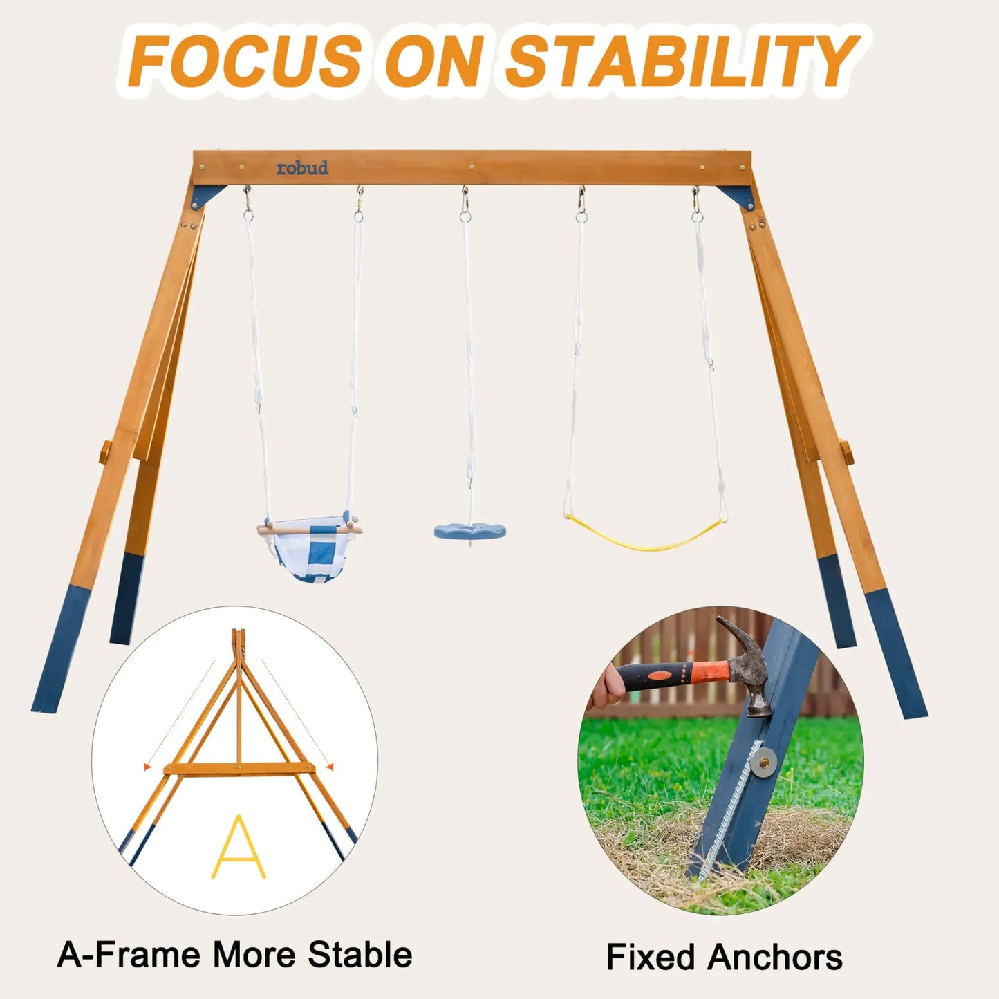 Robotime Robud 3-in-1 Playground Wooden Swing Sets for Backyard DIY Swing Sets with Tree Swing and 2 Toddler Swings