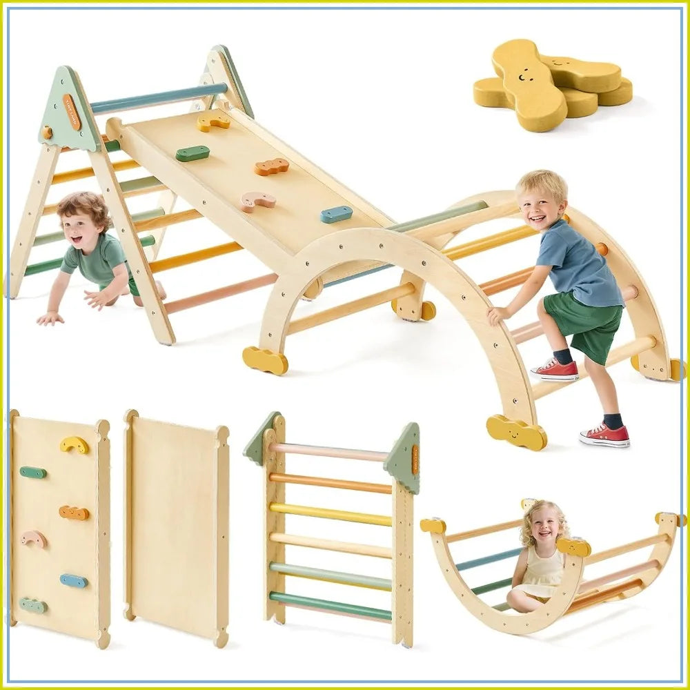 7-in-1 Foldable Pikler Triangle Set, Montessori Toddler Climbing Toys Indoor, Wooden Playground Jungle Gym for Kids, Climber Gift for Boys & Girls