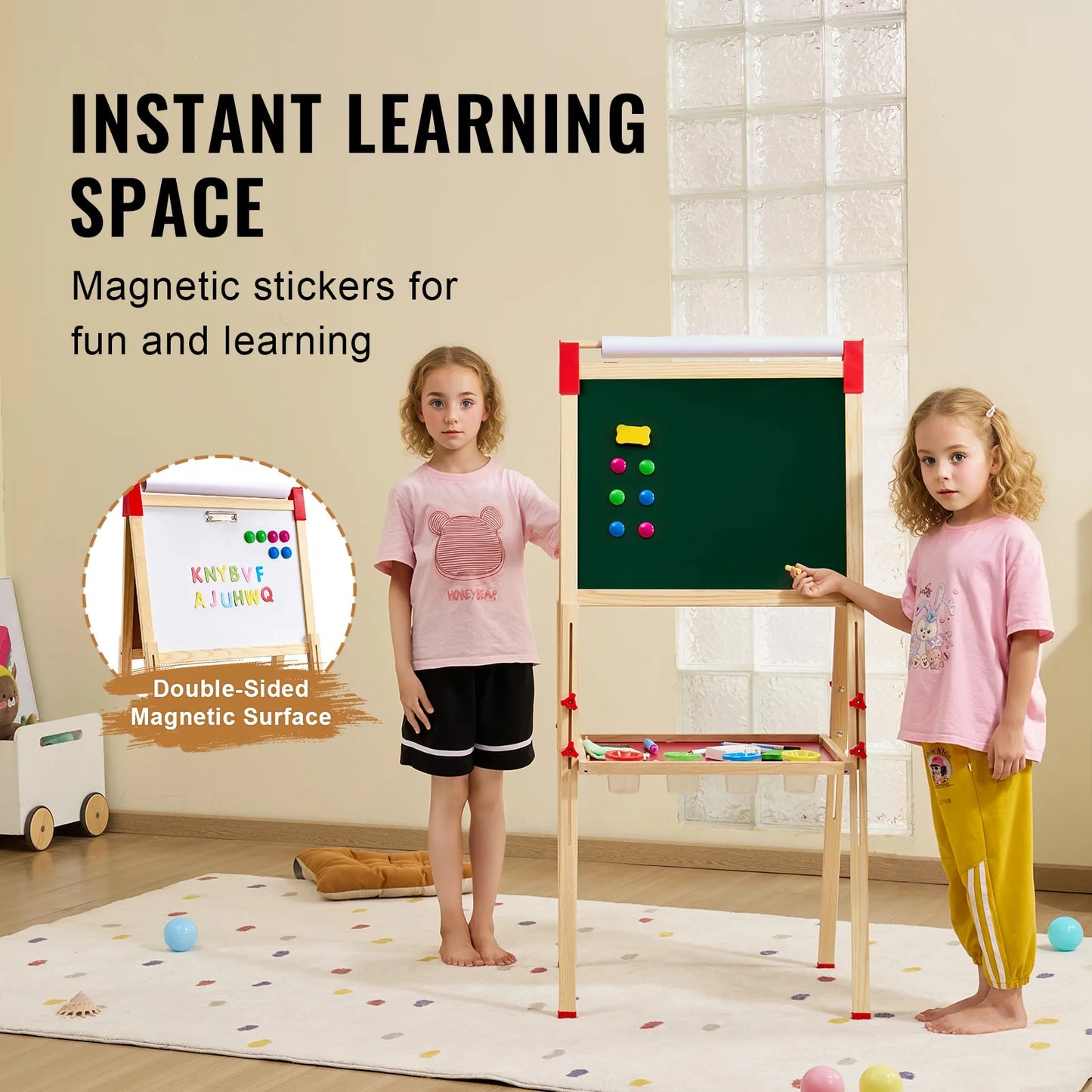 Children Magnetic Drawing Board Wooden Double-Sided Kid's Art Easel with Whiteboard Chalkboard for Girls Gifts Toys