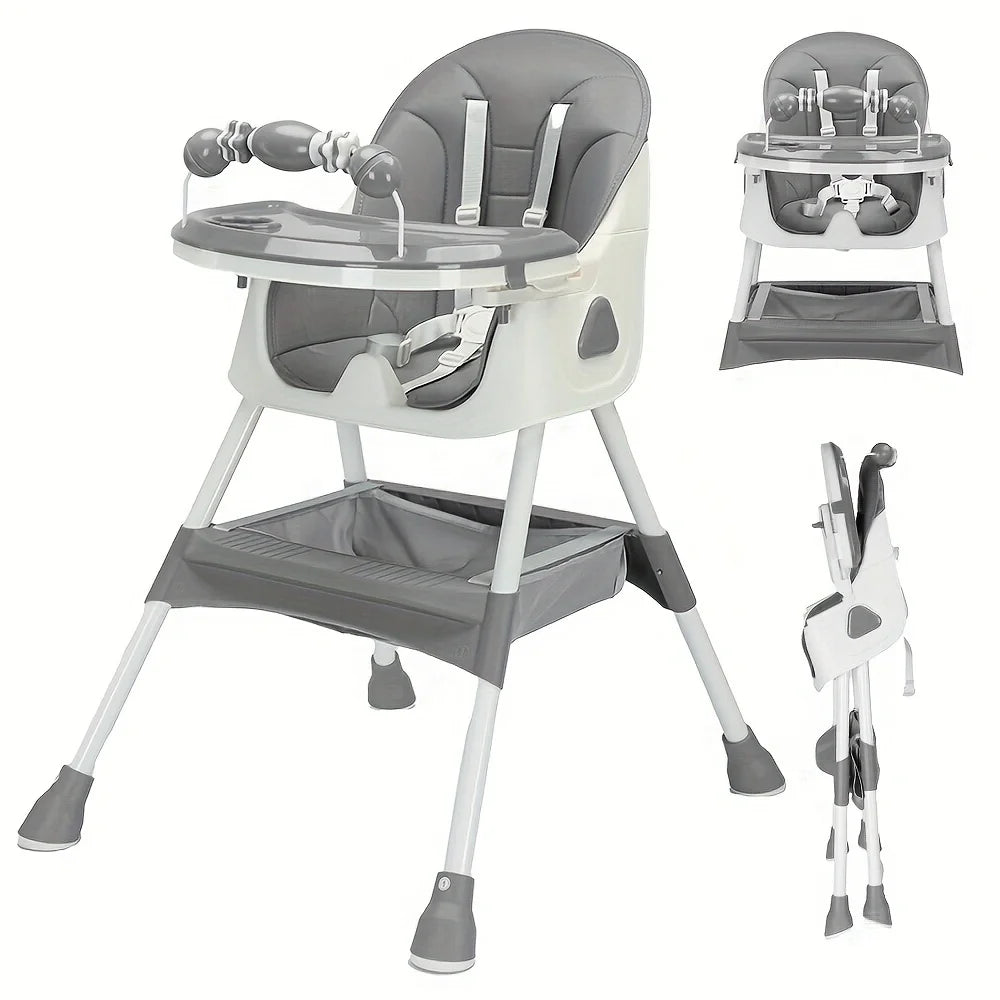 Foldable Baby High Chair 6 Months Plus, with Large Anti-slip Pad & Toy Rack, Easy to Clean Feeding
