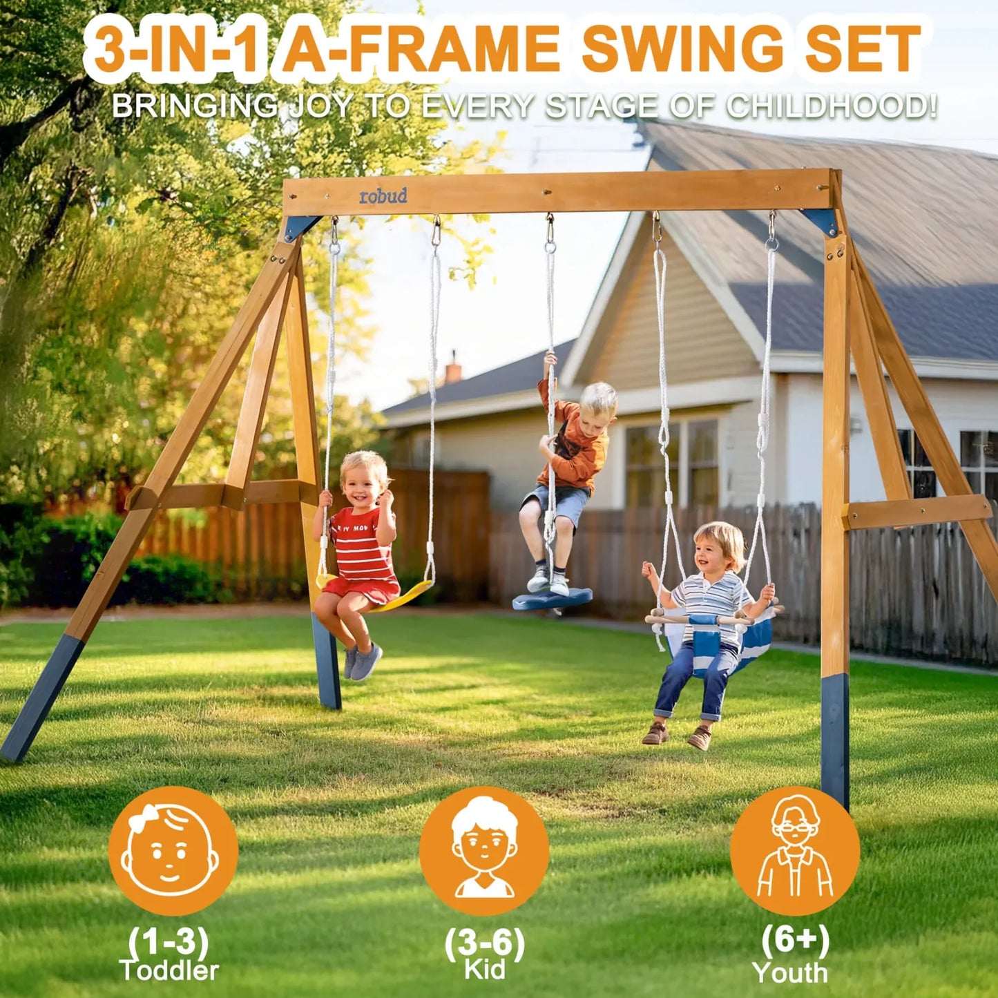 Robotime Robud 3-in-1 Playground Wooden Swing Sets for Backyard DIY Swing Sets with Tree Swing and 2 Toddler Swings