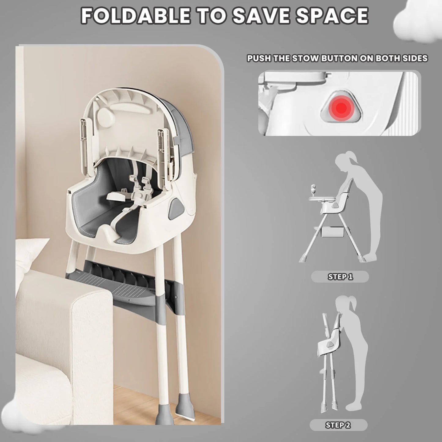 Foldable Baby High Chair 6 Months Plus, with Large Anti-slip Pad & Toy Rack, Easy to Clean Feeding