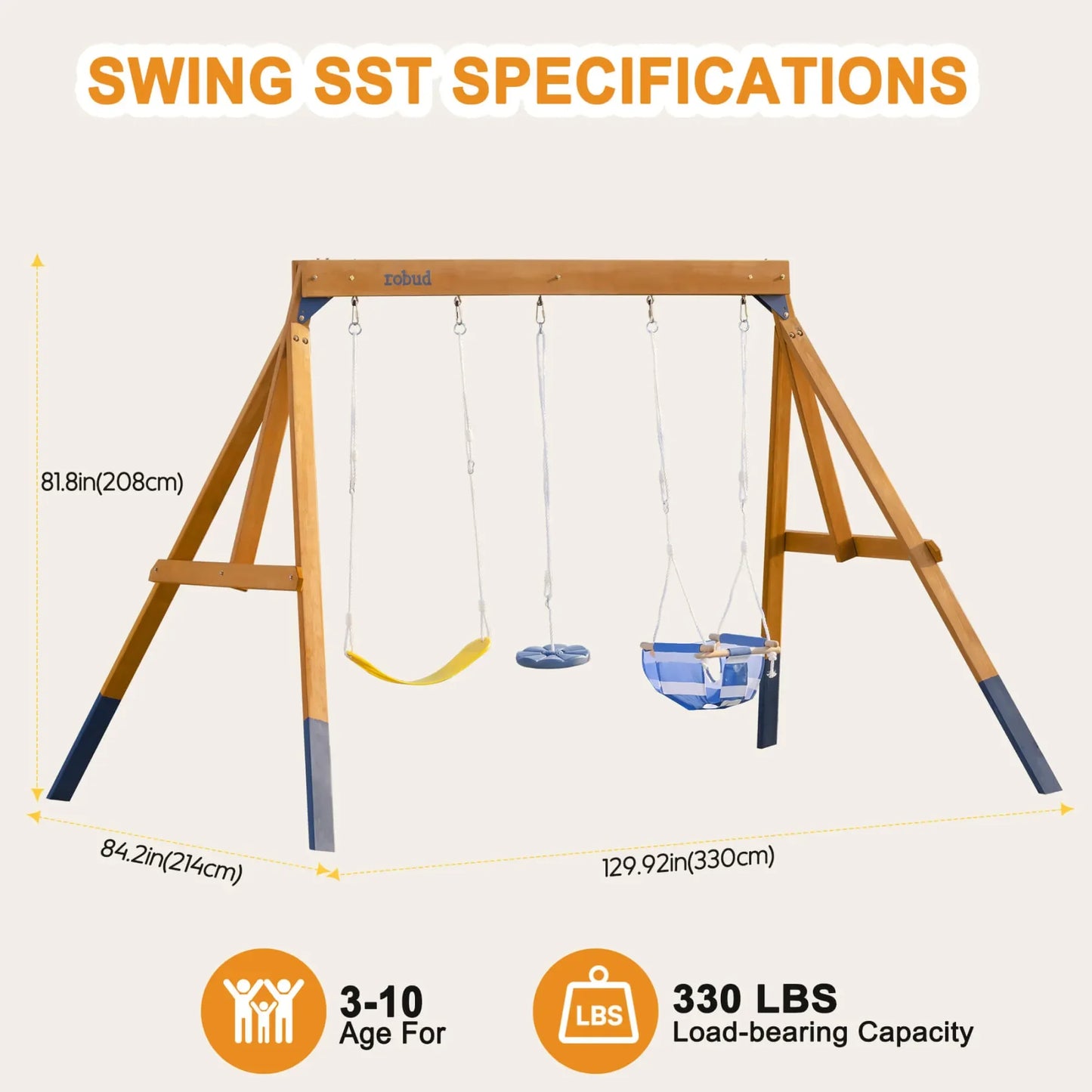 Robotime Robud 3-in-1 Playground Wooden Swing Sets for Backyard DIY Swing Sets with Tree Swing and 2 Toddler Swings