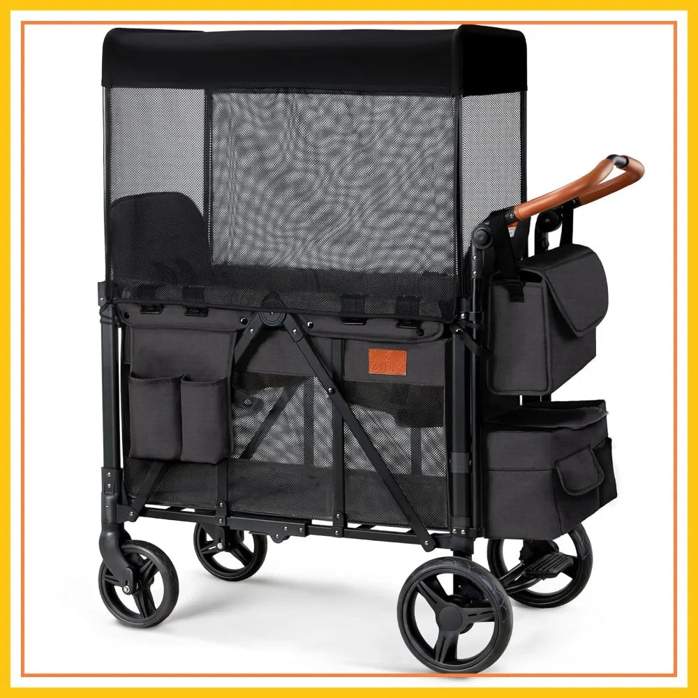 Double Wagon Stroller for 2 Kids, Foldable All-Terrain, High Seat, 5-Point Harness, Canopy, Black