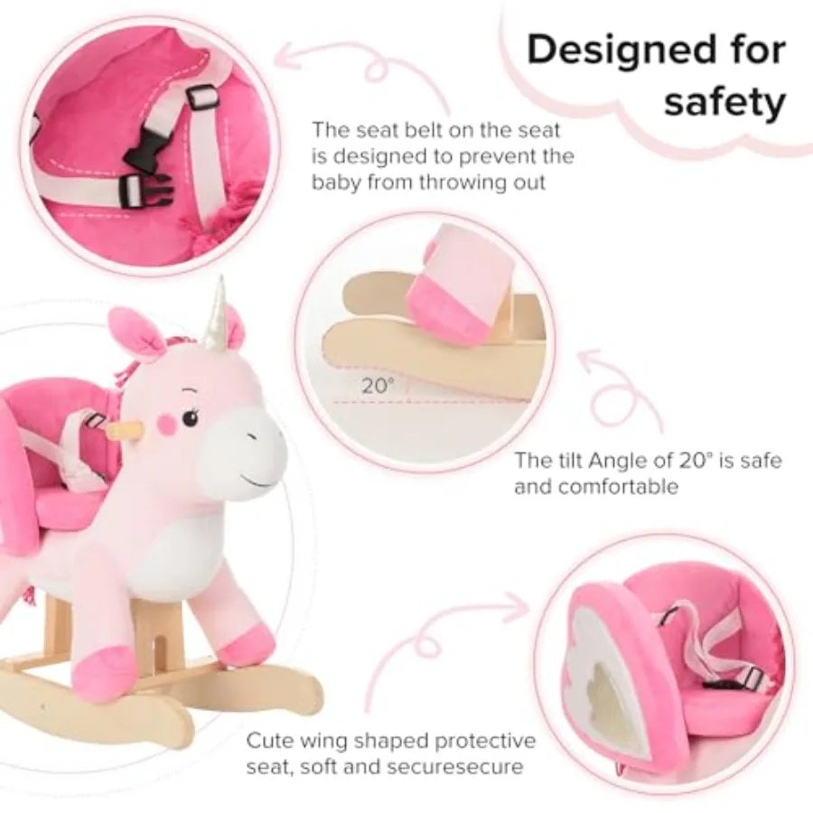 Baby Rocking Horse ride-on toy for 6M-3Y, plush unicorn design in pink, soft fabric, gentle rocking motion, safe padded seat