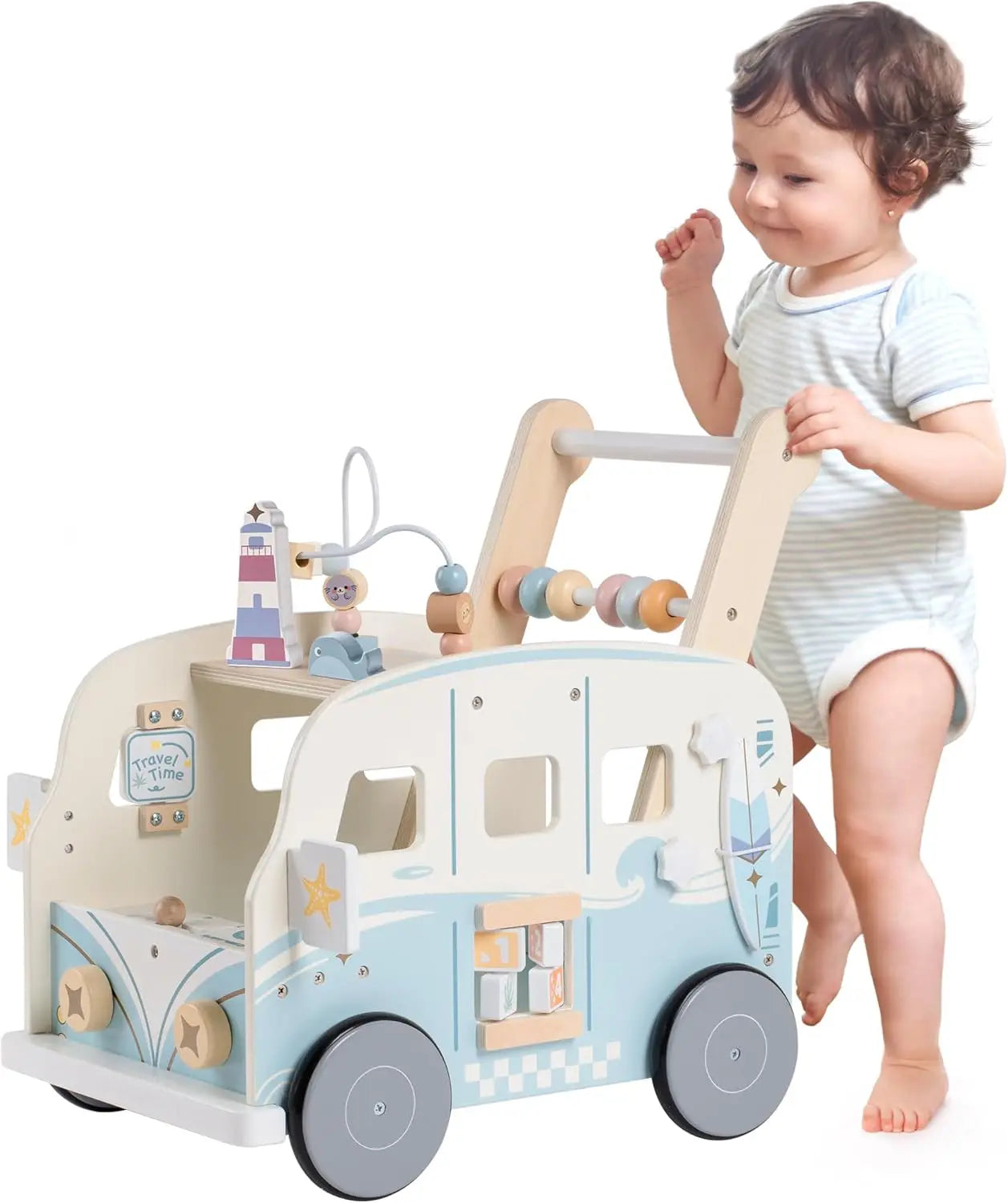 Wooden Baby Walker Baby Push Along Activity Walkers with Wheels Multifunctional Baby Walker Gift for Boy Girls