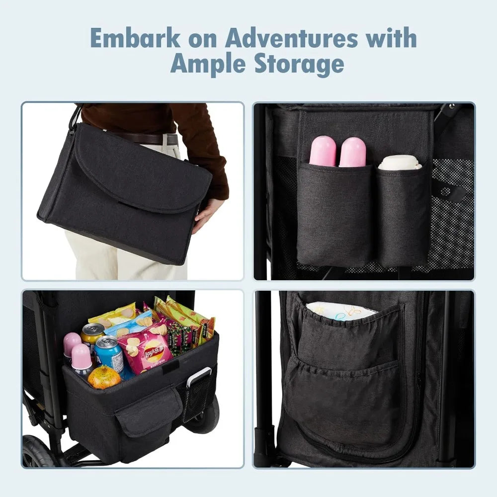 Double Wagon Stroller for 2 Kids, Foldable All-Terrain, High Seat, 5-Point Harness, Canopy, Black